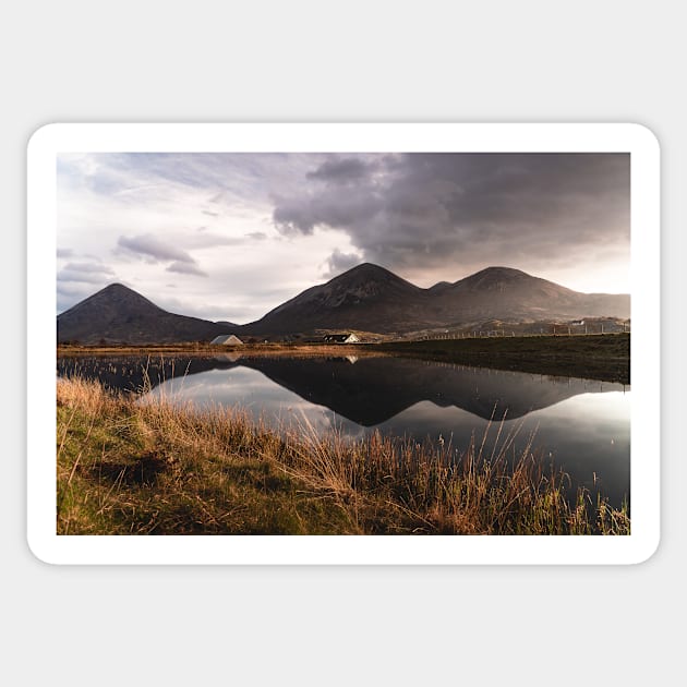 Mirror lake with house and mountains in the background - Isle of Skye Scotland Sticker by Danny Wanders